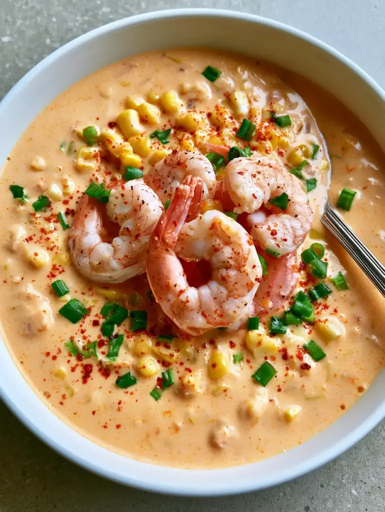 Shrimp and Corn Bisque: The Ultimate Creamy Seafood Comfort Recipe 2 A top-down view of Shrimp and Corn Bisque showing the thick creamy orange seafood broth and sweet yellow corn kernels.