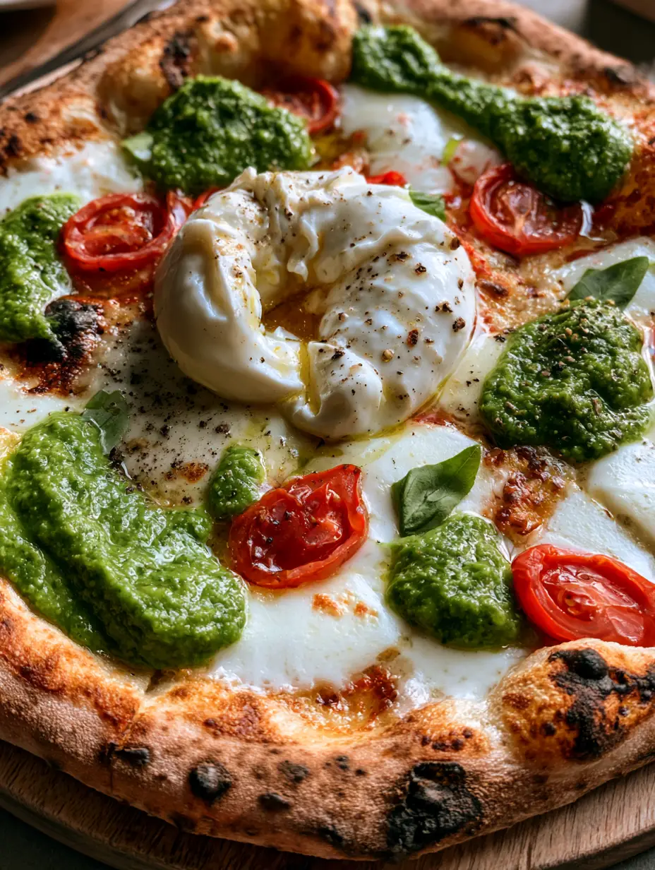 Burrata Pesto Pizza with Charred Sourdough Crust 3 Artisan pizza with a thin bubbly charred sourdough crust, melted mozzarella, and blistered cherry tomatoes. (Burrata Pesto Pizza)