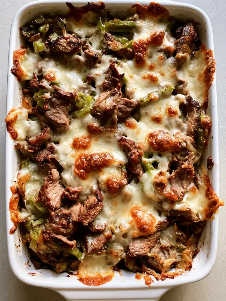 Top-down view of the seared ribeye, green peppers, and melted cheese in a white dish for Keto Philly Cheesesteak Casserole.