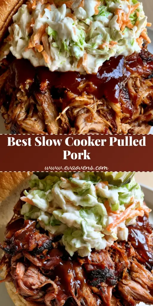 A handheld brioche sandwich overflowing with Slow Cooker BBQ Pulled Pork, creamy coleslaw, and crinkle-cut pickles on a white plate.