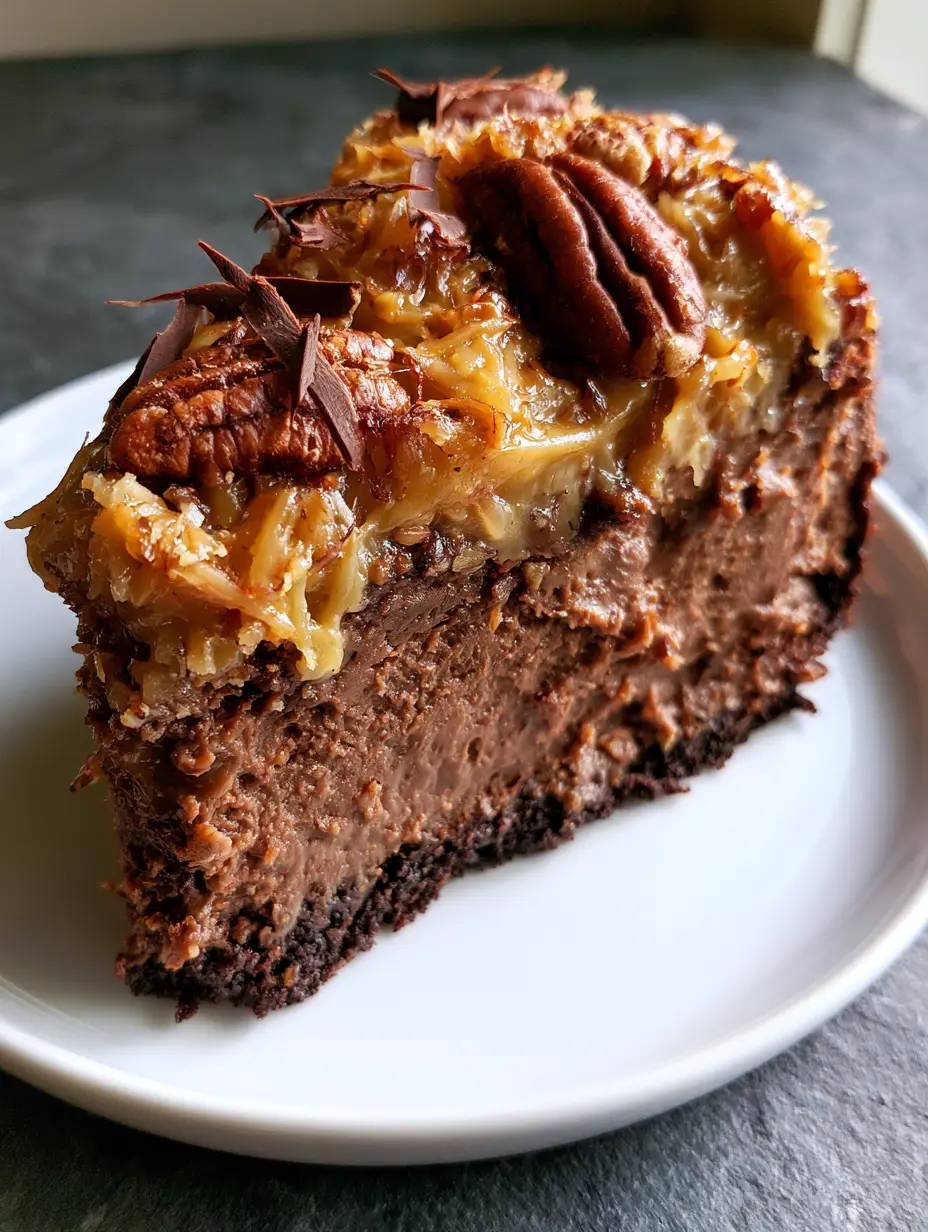 Overhead view of a German Chocolate Cheesecake showing the thick layer of coconut and large toasted pecan chunks.