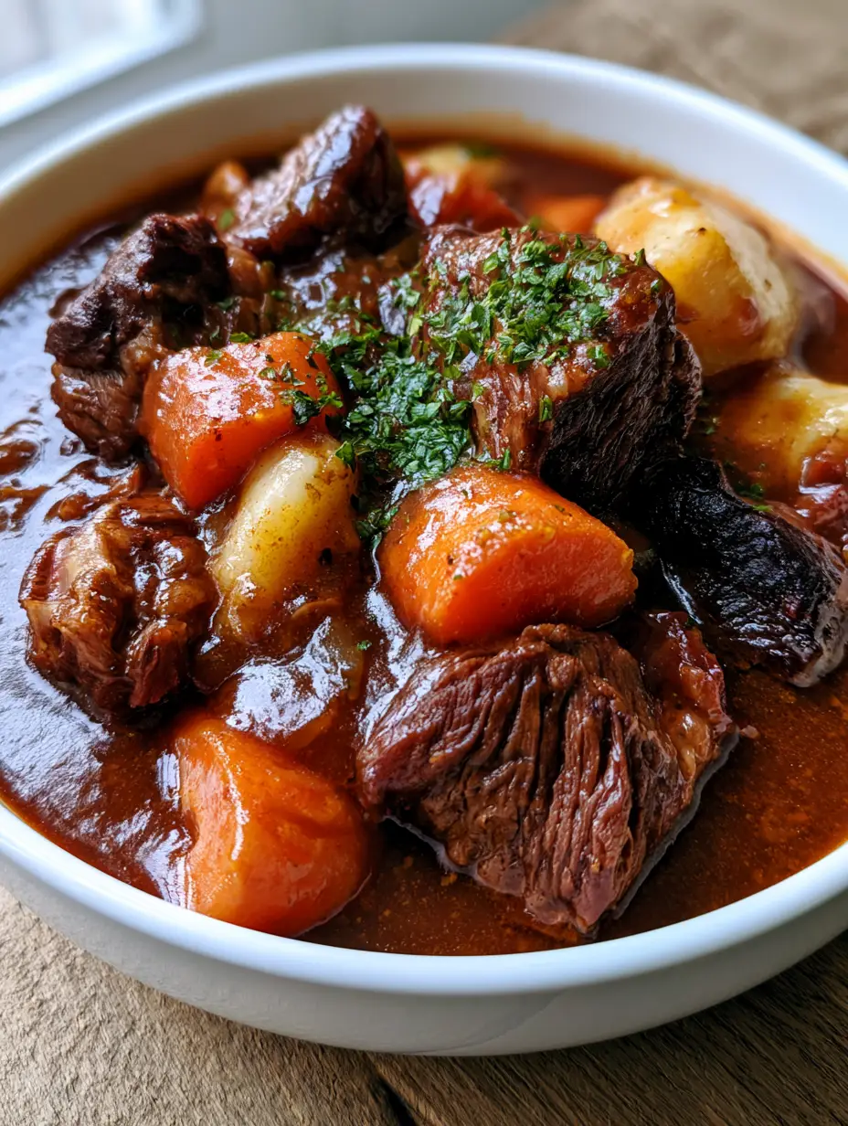 Overhead view of Crockpot Beef Stew with tender beef chuck and softened carrot rounds in a thick gravy.