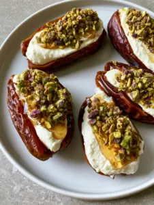 Close up of Ricotta Stuffed Dates showing the creamy whipped cheese and vibrant green pistachios.