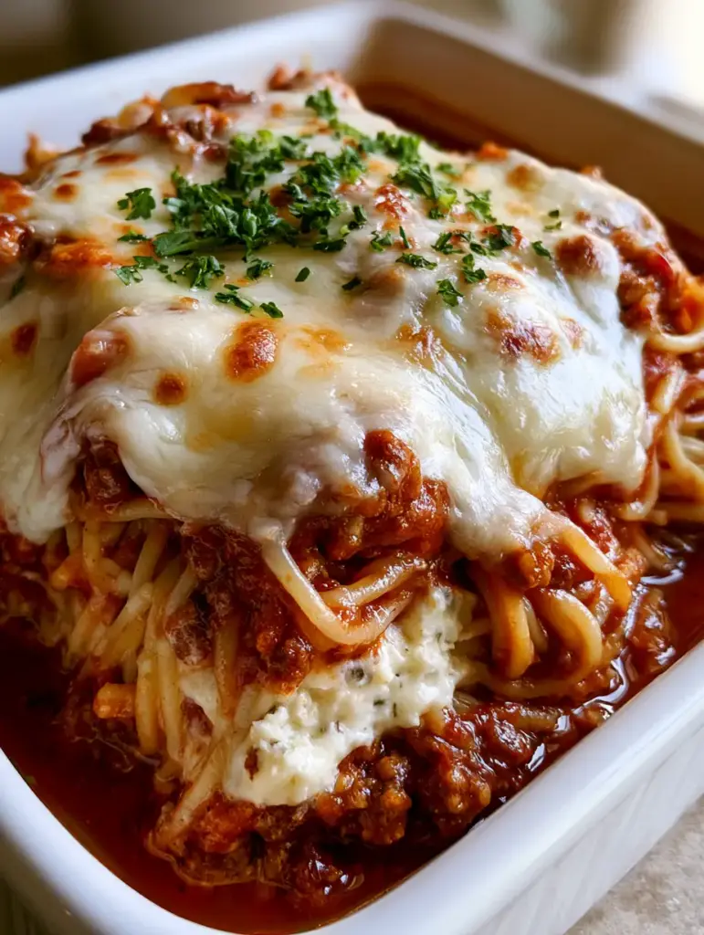 A side view slice of Baked Spaghetti with Cream Cheese showing the thick white layer of cream cheese between meat sauce and noodles.