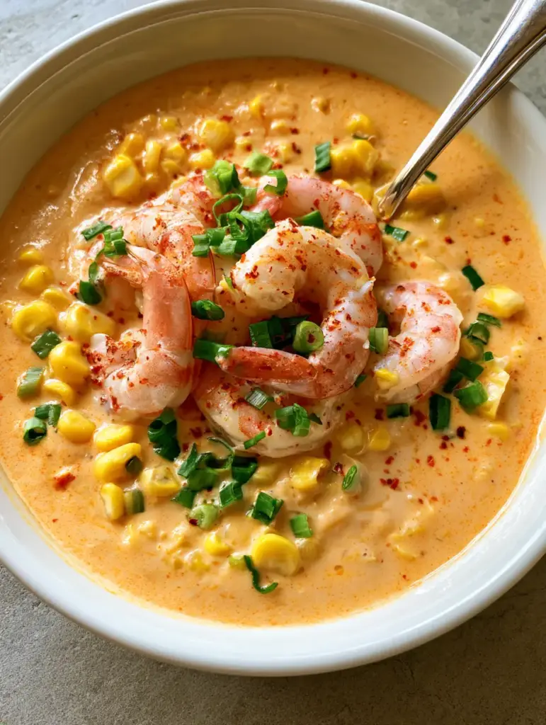 Shrimp and Corn Bisque: The Ultimate Creamy Seafood Comfort Recipe 1 Close up of whole cooked pink shrimp in a ceramic bowl of corn bisque with green scallions.