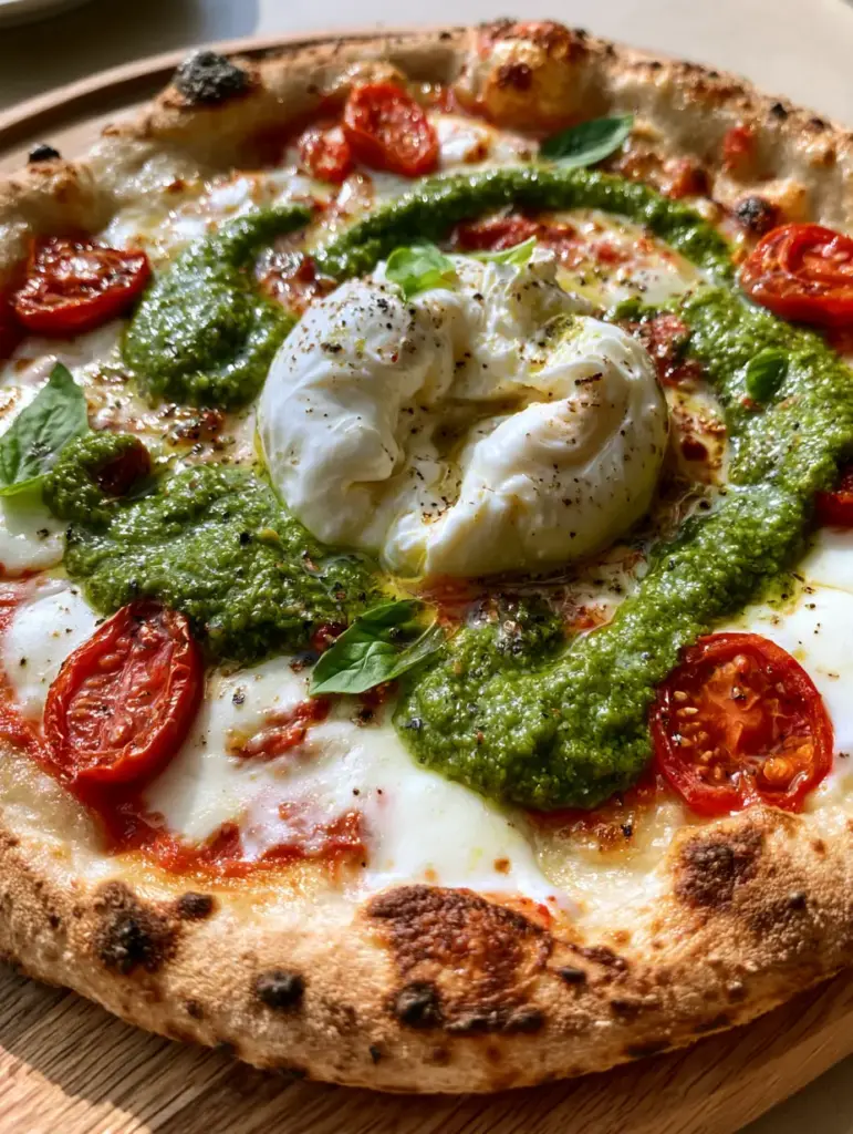 Burrata Pesto Pizza with Charred Sourdough Crust 1 A large ball of creamy white burrata torn in the center of a pesto pizza, spilling its soft interior over blistered tomatoes.