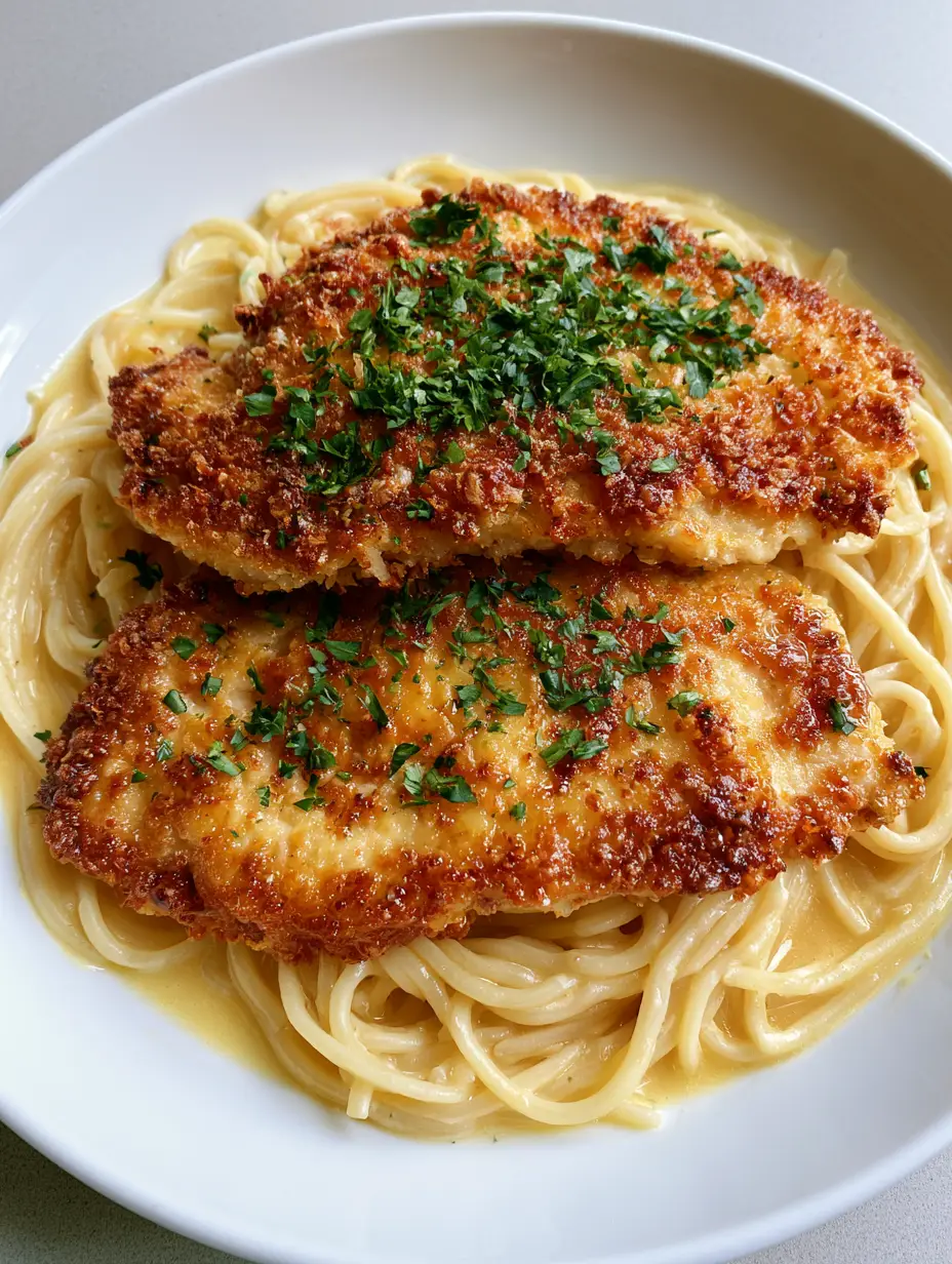 Close up of pan-seared Chicken Romano with a thick Romano cheese crust and a heavy garnish of chopped parsley.
