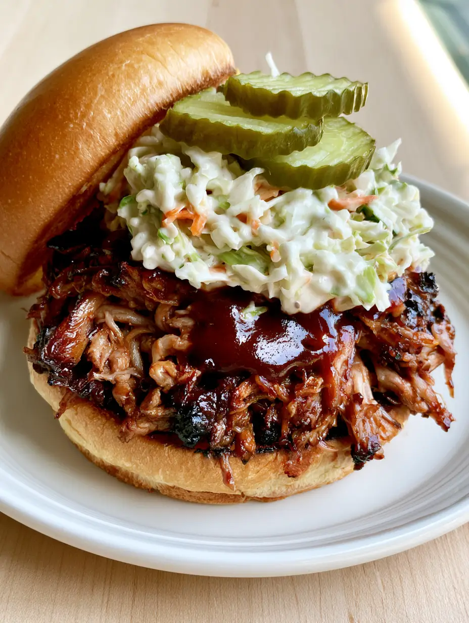 Close-up of shredded pork shoulder with glossy dark mahogany sauce in a Slow Cooker BBQ Pulled Pork sandwich.