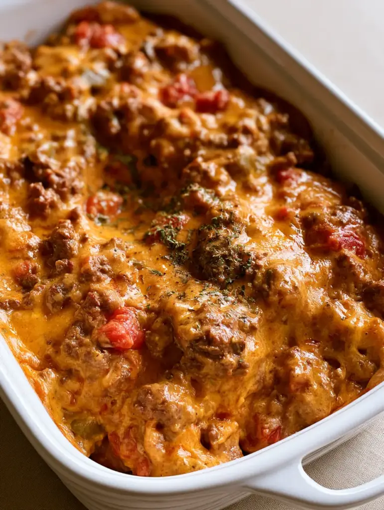 Beefy King Ranch Casserole: The Ultimate Cheesy Ground Beef Dinner 1 Smartphone photo of Beefy King Ranch Casserole in a rectangular white ceramic dish under soft natural light.