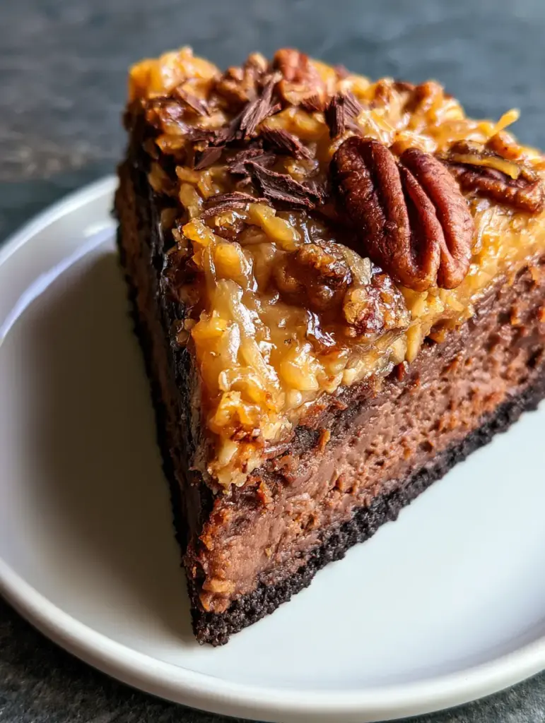 Close up of the dark chocolate cheesecake filling and chocolate shavings on top of a German Chocolate Cheesecake.