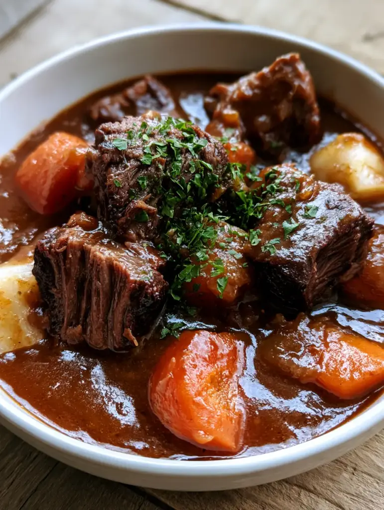 Close up of creamy white potato cubes and glossy mahogany gravy in Crockpot Beef Stew.