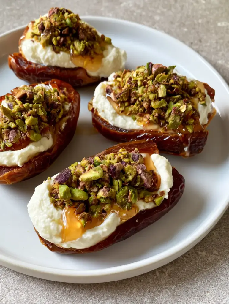 High angle shot of honey glistening on Ricotta Stuffed Dates with crushed nuts.
