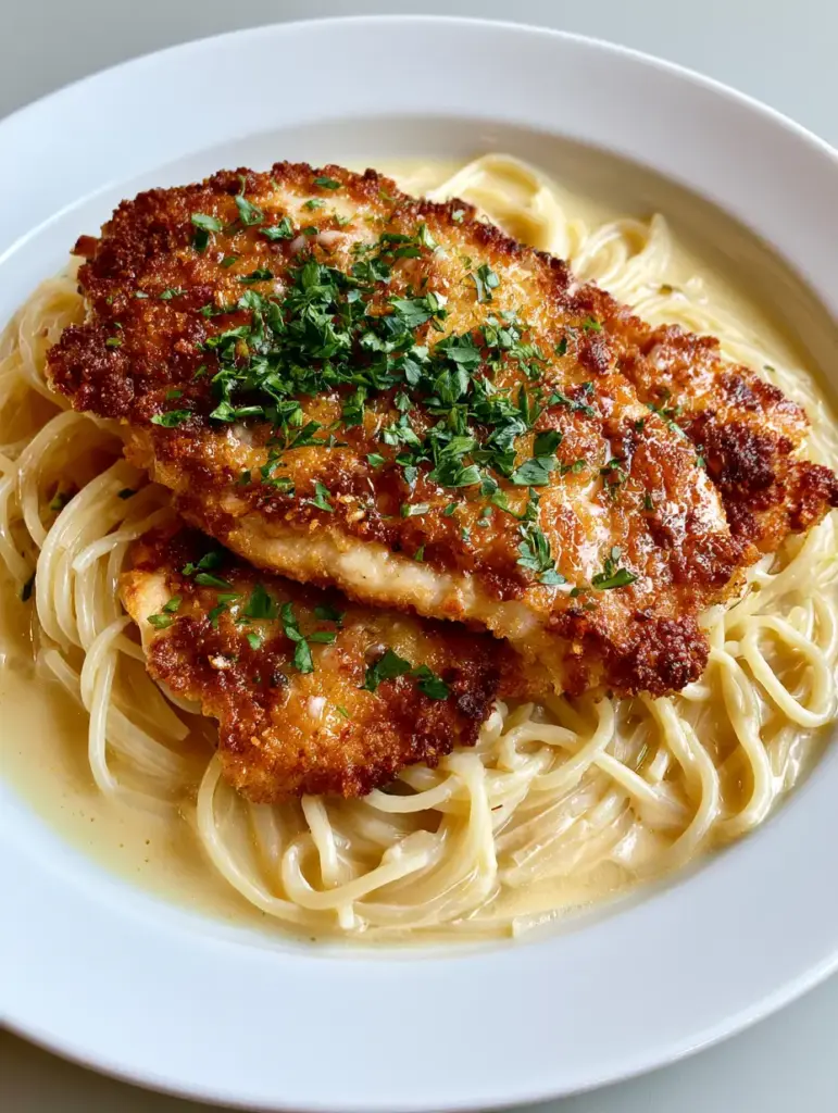 Chicken Romano served over a swirl of spaghetti coated in a light yellow lemon butter cream sauce.