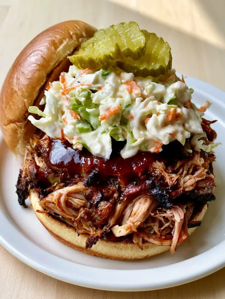 Side view of a Slow Cooker BBQ Pulled Pork sandwich showing layers of meat, white coleslaw, and orange carrots.