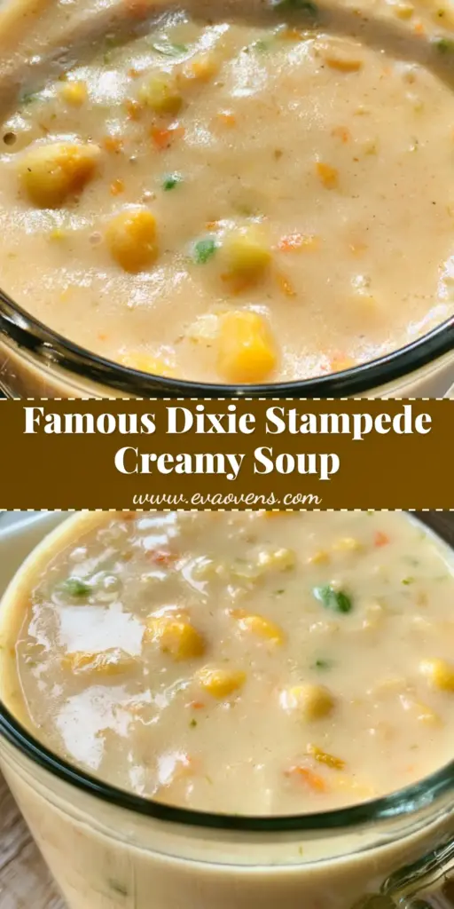 A close-up shot of Dixie Stampede Creamy Vegetable Soup served in a clear glass mug with visible corn and peas.