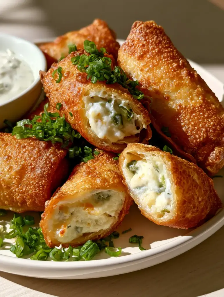 A plate of mini Jalapeno Popper Egg Rolls garnished with fresh green scallions on a light wooden tabletop.