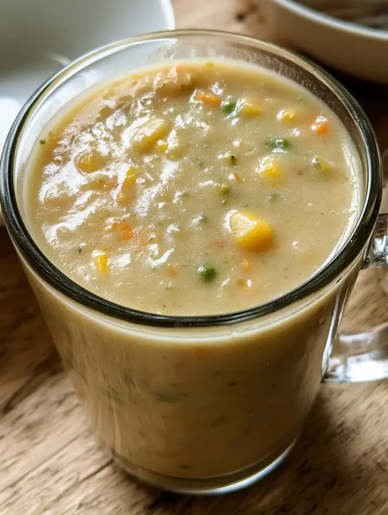 Dixie Stampede Creamy Vegetable Soup in a transparent mug on a rustic wood table.