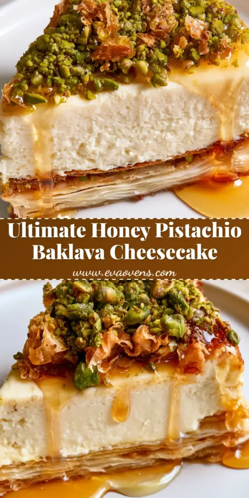 A close-up shot of Honey Pistachio Baklava Cheesecake with golden-brown phyllo, ivory filling, and honey drips.