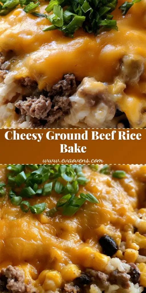 Ground Beef and Rice Casserole with Bubbly Cheddar and Beans 4 A close-up shot of Ground Beef and Rice Casserole in a white bowl featuring melted orange cheddar cheese, black beans, corn, and green onions.