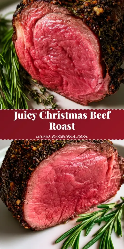 A thick slice of Christmas Beef Roast with a medium-rare pink center and charred garlic herb crust on a white plate.