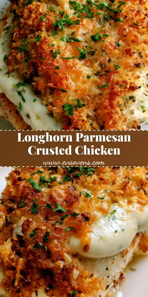 A vertical shot showing a juicy Longhorn Parmesan Crusted Chicken breast with a thick golden-brown breadcrumb topping and melted cheese.