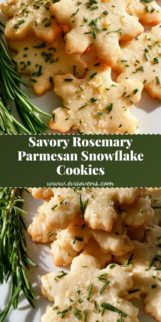 A stack of snowflake-shaped Savory Rosemary Parmesan Cookies on a white ceramic plate with fresh rosemary garnish.