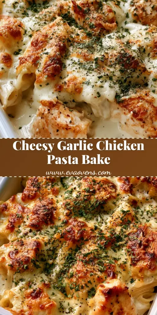 A smartphone photo of Garlic Parmesan Chicken Pasta Bake in a white ceramic dish with golden-brown bubbly mozzarella and parsley flakes.