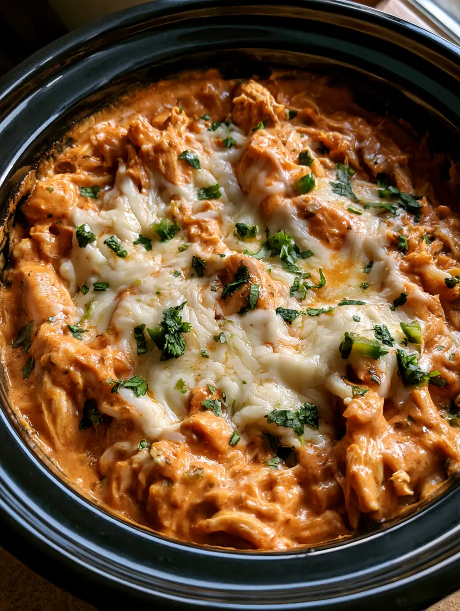 Top-down view of shredded Crock Pot Salsa Chicken in a creamy orange sauce with melted mozzarella and green chilies.