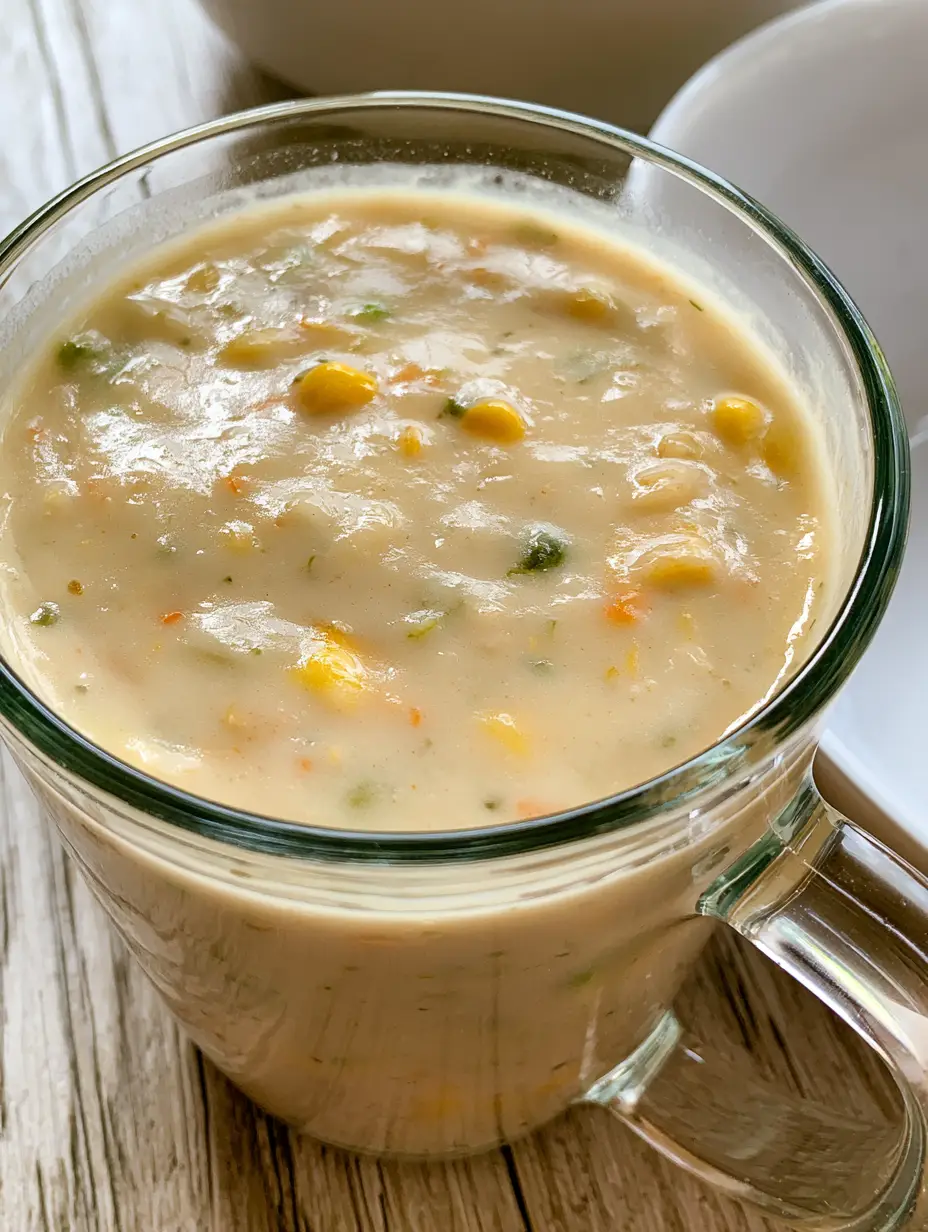 Close up of thick creamy beige vegetable soup with corn and peas in a glass mug. (Dixie Stampede Creamy Vegetable Soup)
