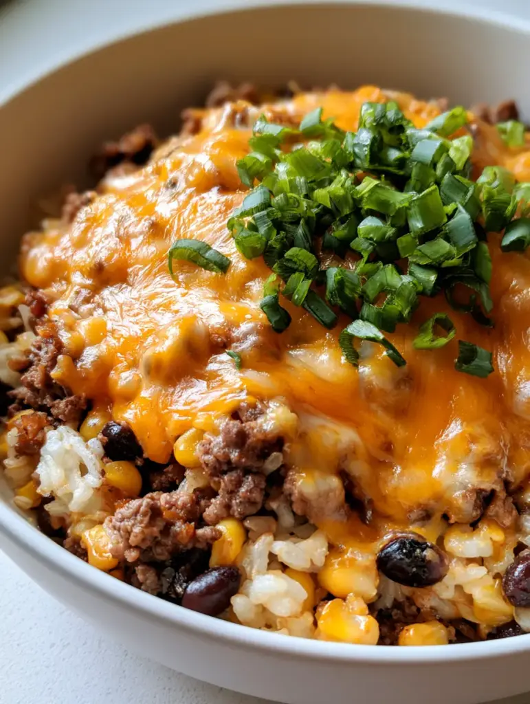 Ground Beef and Rice Casserole with Bubbly Cheddar and Beans 2 A high-angle view of Ground Beef and Rice Casserole with visible browned beef crumbles and bubbly cheddar cheese.