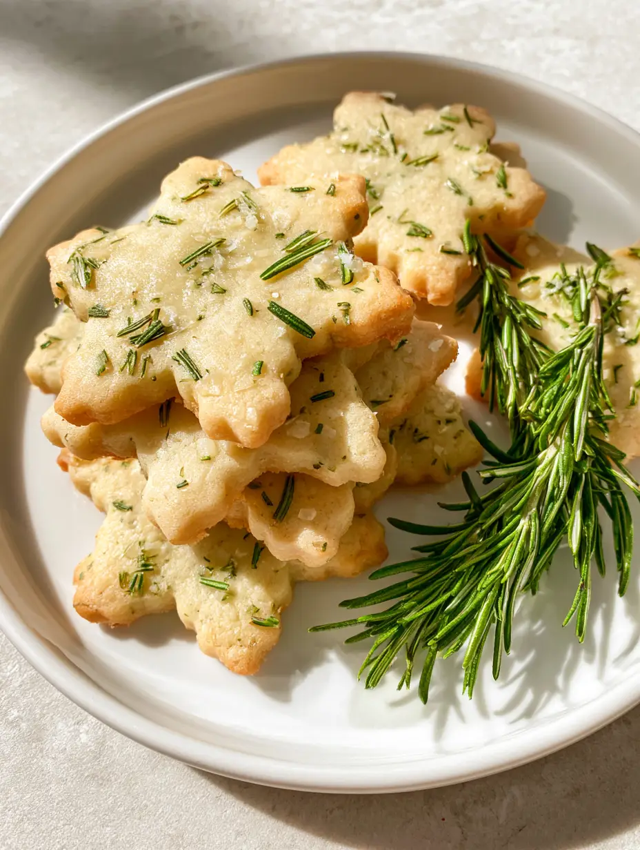 Top down view of Savory Rosemary Parmesan Cookies showing the delicate crisp texture and visible rosemary needles.
