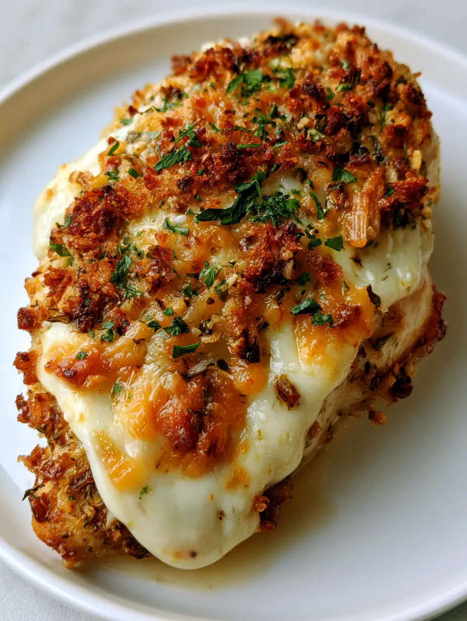 Top-down view of a seared chicken breast with thick melted white parmesan ranch spread and toasted garlic breadcrumbs. (Longhorn Parmesan Crusted Chicken)