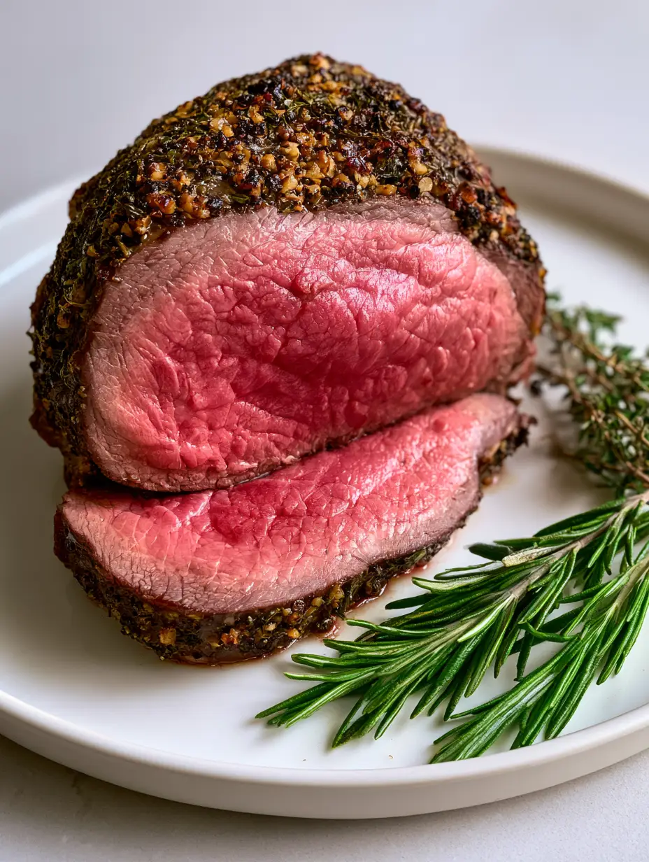 Close-up of a Christmas Beef Roast slice showing glistening juices and textured peppercorn crust.