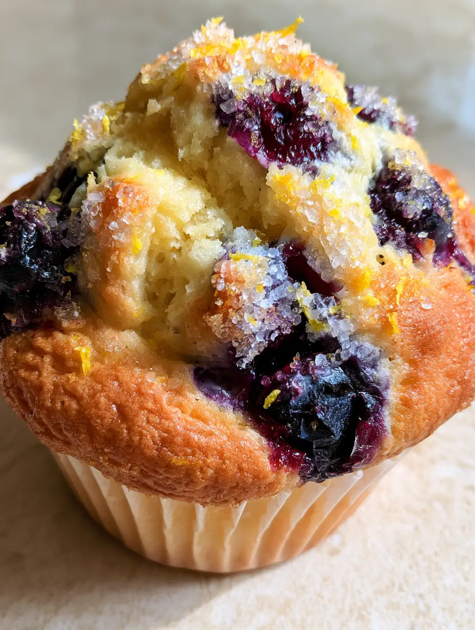 Lemon Blueberry Muffins with Sparkling Sugar and Fresh Lemon Zest 3 High-angle shot of a single Lemon Blueberry Muffin in a light paper liner showing the pale yellow fluffy cake crumb.