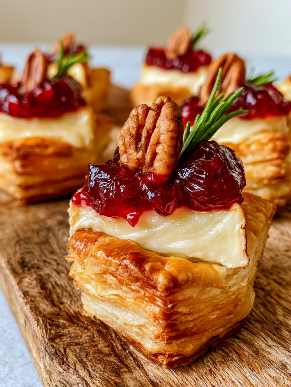 Handheld smartphone photo of flaky Cranberry Brie Bites on a wooden board with melted cheese and glossy sauce.