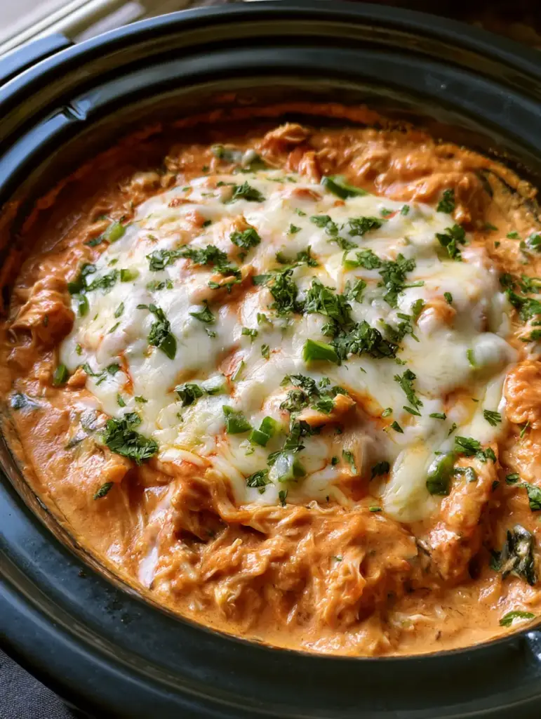 Close-up detail of melted cheese and cilantro over Crock Pot Salsa Chicken.