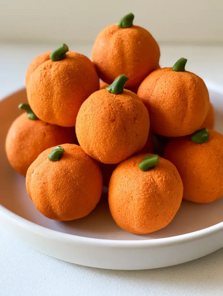No Bake Pumpkin Cheesecake Balls (Easy Fall Truffles) 2 A smartphone photo of a white ceramic plate filled with spherical No Bake Pumpkin Cheesecake Balls with orange coating and green stems.