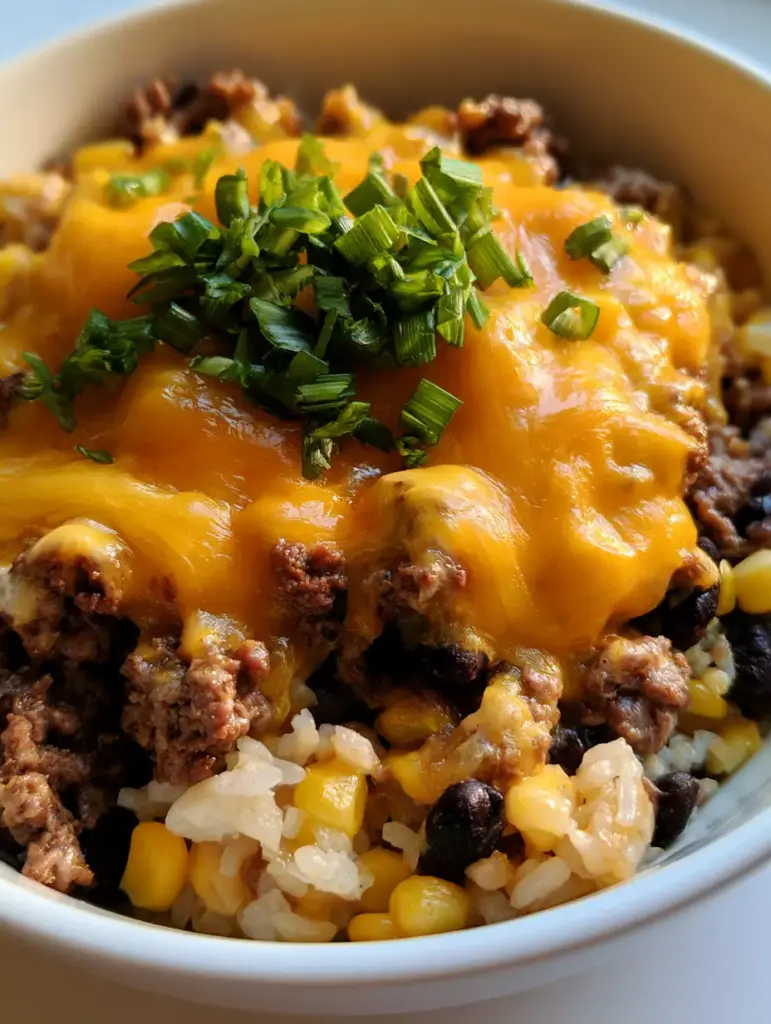 Ground Beef and Rice Casserole with Bubbly Cheddar and Beans 1 A detailed texture shot of Ground Beef and Rice Casserole showing green onions and golden corn kernels.
