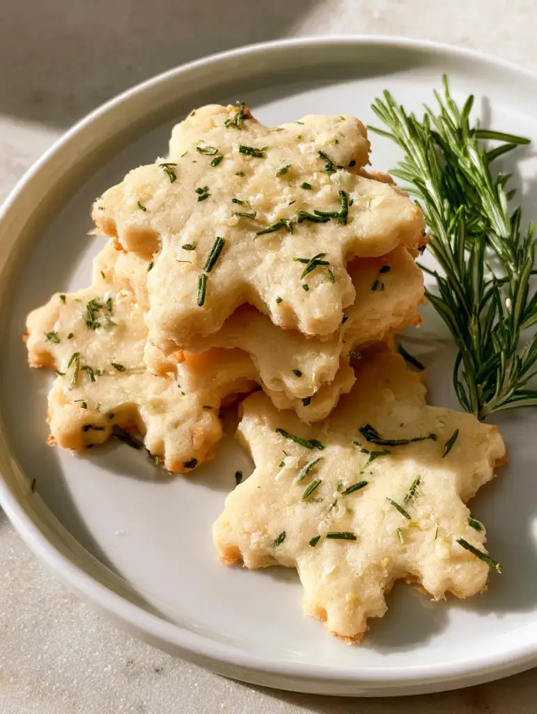 Close-up of snowflake-shaped savory cookies arranged on a light stone surface with fresh rosemary sprigs.