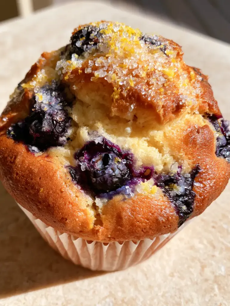 Lemon Blueberry Muffins with Sparkling Sugar and Fresh Lemon Zest 1 Detailed close-up of the craggy golden-brown muffin top with whole blueberries and lemon zest.