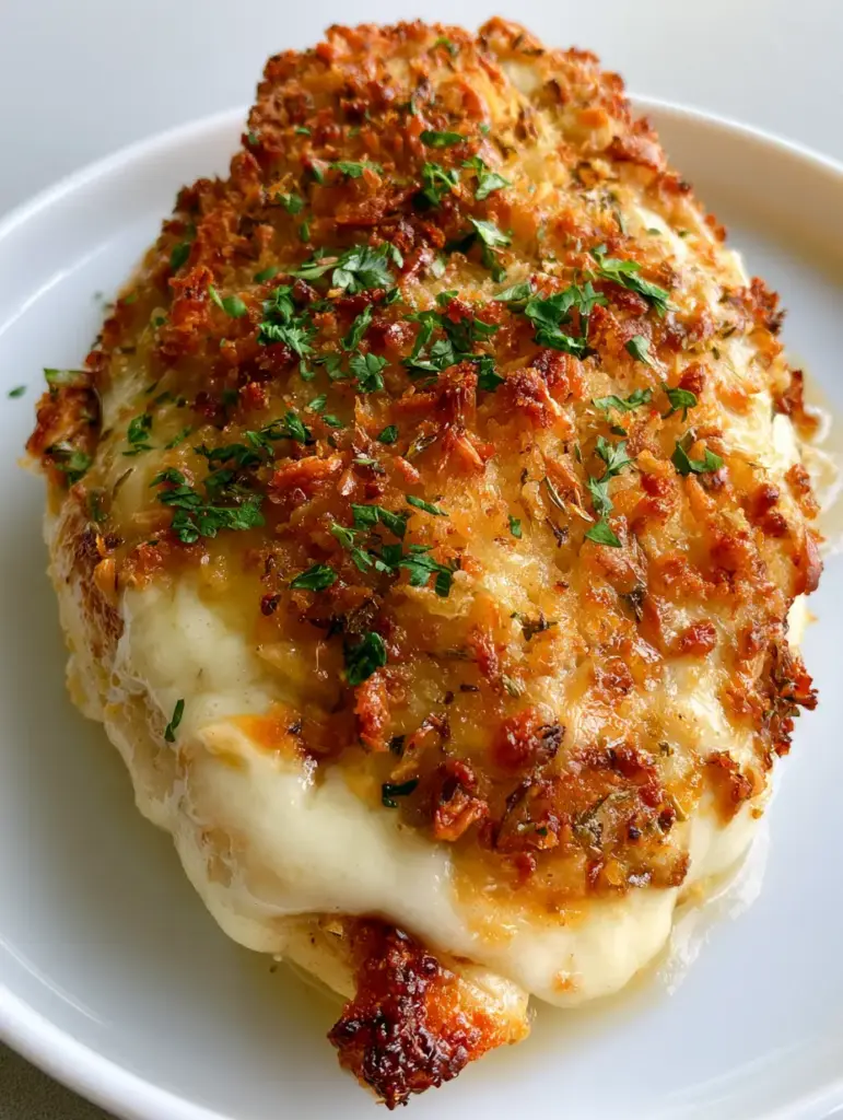 Close-up of golden brown toasted breadcrumbs and dried herb flakes on a Longhorn Parmesan Crusted Chicken breast.