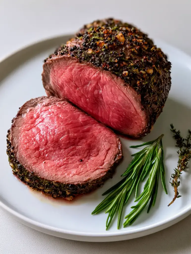 Top-down view of Christmas Beef Roast garnished with fresh rosemary and thyme sprigs.