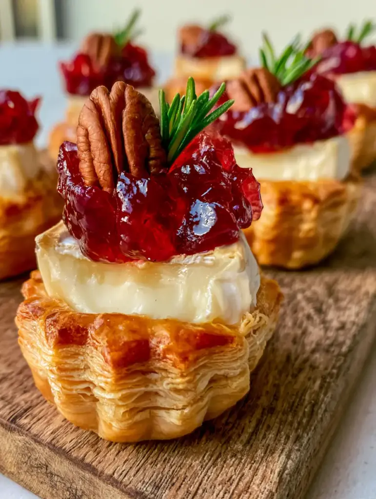 Close-up of a Cranberry Brie Bite showing the creamy brie, glossy red sauce, and a fresh rosemary sprig.