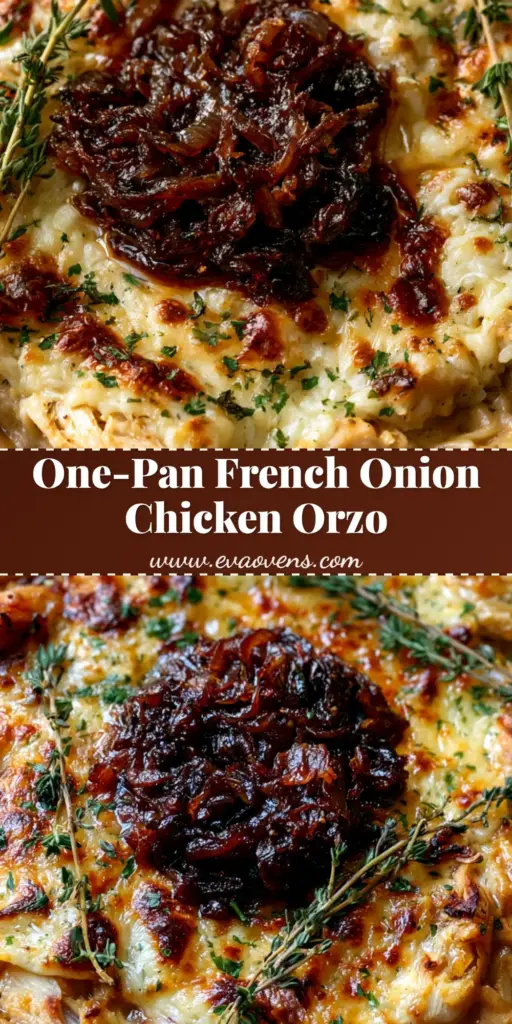 A rustic cast iron skillet showing a bubbly Gruyere French Onion Chicken Orzo with dark jammy onions and thyme sprigs.