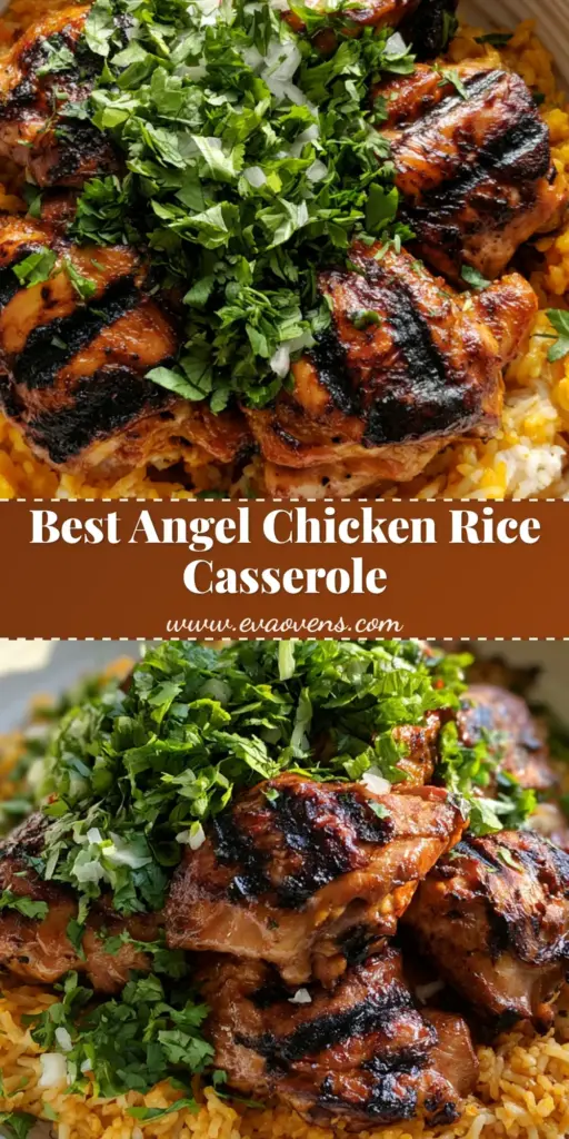 A shallow white ceramic bowl filled with vibrant yellow turmeric rice and flame-grilled chicken thighs with dark char marks, garnished with cilantro. (Angel Chicken Rice Casserole)