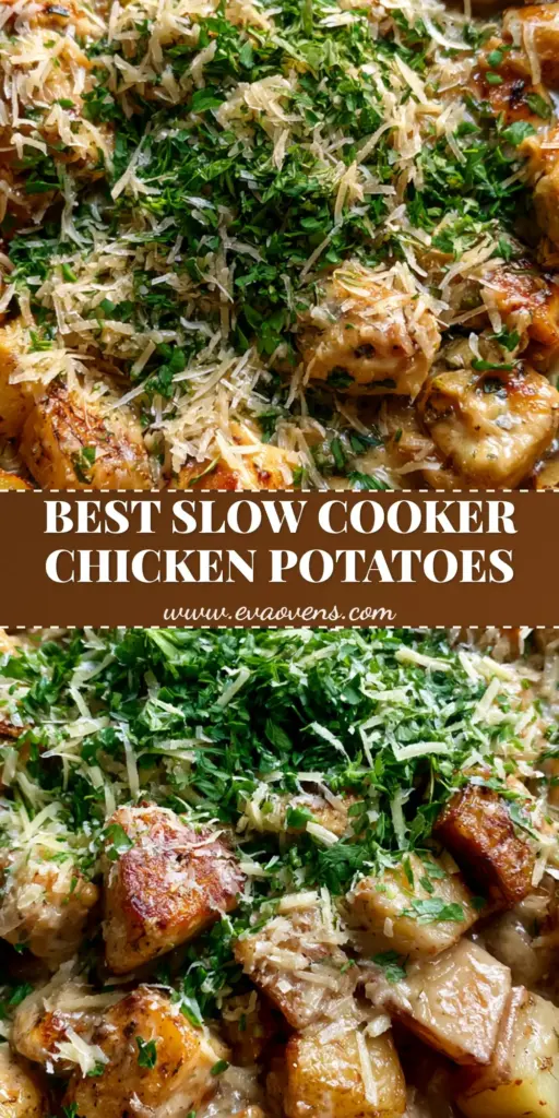 A top-down view of Garlic Parmesan Chicken and Potatoes in a dark skillet, featuring seared chicken chunks, tender potatoes, and a heavy garnish of parsley and parmesan.