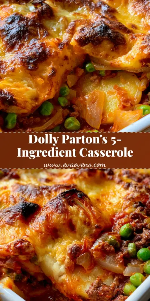 A handheld smartphone photo of a layered 5-Ingredient Casserole with melted cheddar, peas, and potatoes in a white dish.