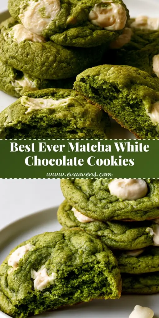 A stack of thick Matcha White Chocolate Cookies with crinkled tops and melted white chocolate chips on a white plate.