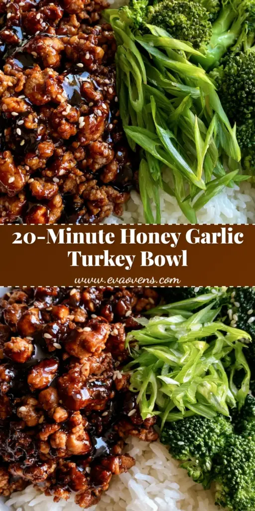 Top-down view of a white bowl with Honey Garlic Ground Turkey Skillet, dark glossy glaze, steamed broccoli, and jasmine rice garnished with scallions and sesame seeds.