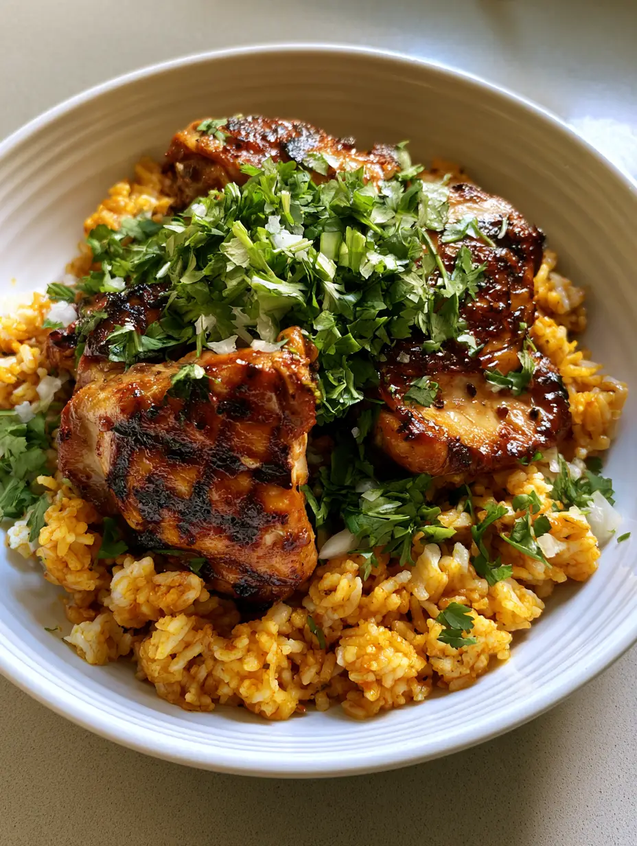 A handheld smartphone photo showing a rustic white bowl of turmeric-stained yellow rice and citrus-glazed grilled chicken. (Angel Chicken Rice Casserole)